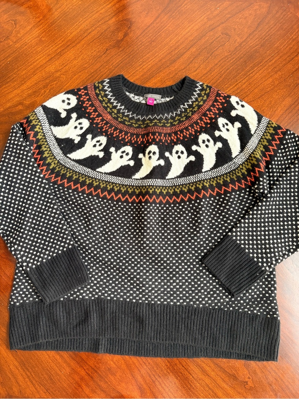 Vince Camuto Black Ghost Sweater with Orange & Olive Accent Large